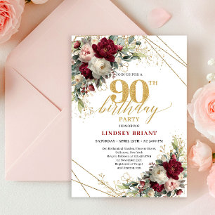 Pretty Blush Gold Floral 90th Birthday Invitation