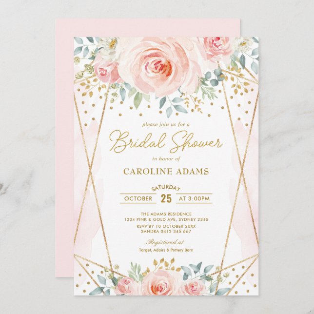 Pretty Blush Gold Floral Geometric Bridal Shower Invitation (Front/Back)
