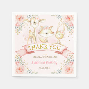 Pretty Blush Gold Floral Woodland Animals Birthday Napkin