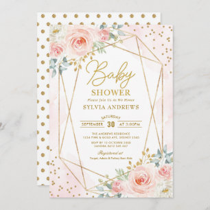 Pretty Blush Gold Geometric Floral Baby Shower Invitation