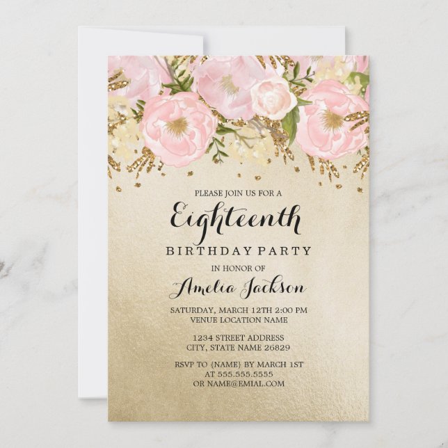 Pretty Blush Gold Pink Floral 18th Birthday Invitation (Front)
