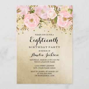 Pretty Blush Gold Pink Floral 18th Birthday Invitation