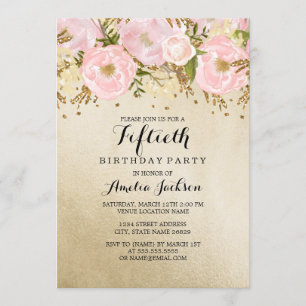 Pretty Blush Gold Pink Floral 50th Birthday Invitation