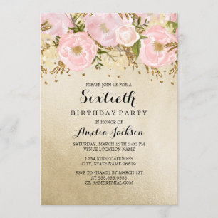 Pretty Blush Gold Pink Floral 60th Birthday Invitation