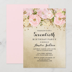Pretty Blush Gold Pink Floral 70th Birthday Invitation