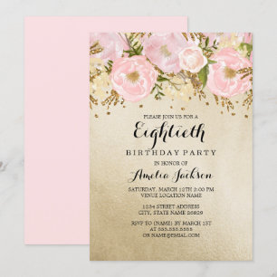 Pretty Blush Gold Pink Floral 80th Birthday Invitation