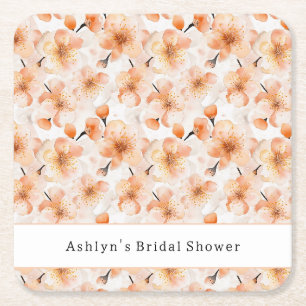 Pretty Blush Peach Flowers Bridal Shower Square Paper Coaster