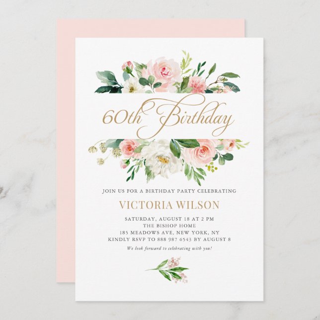 Pretty Blush Peony Floral Frame 60th Birthday Invitation (Front/Back)