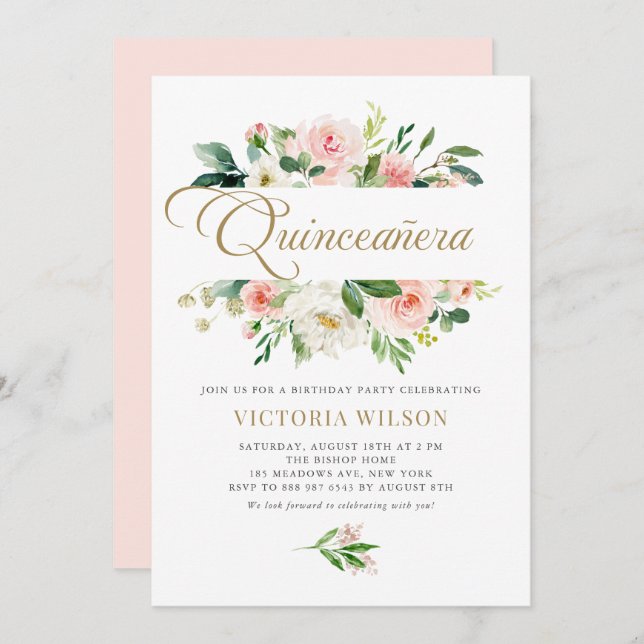 Pretty Blush Peony Floral Frame Quinceañera Invitation (Front/Back)