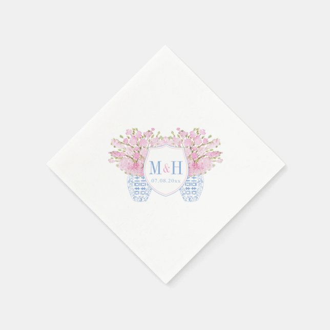 Pretty Blush Pink Blue Monogram Wedding Napkin (Corner)