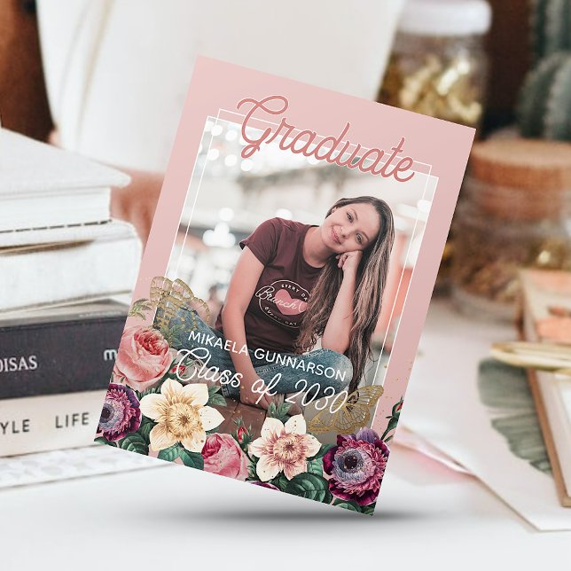 Pretty Blush Pink Botanical Floral Boho Graduation Announcement (Creator Uploaded)
