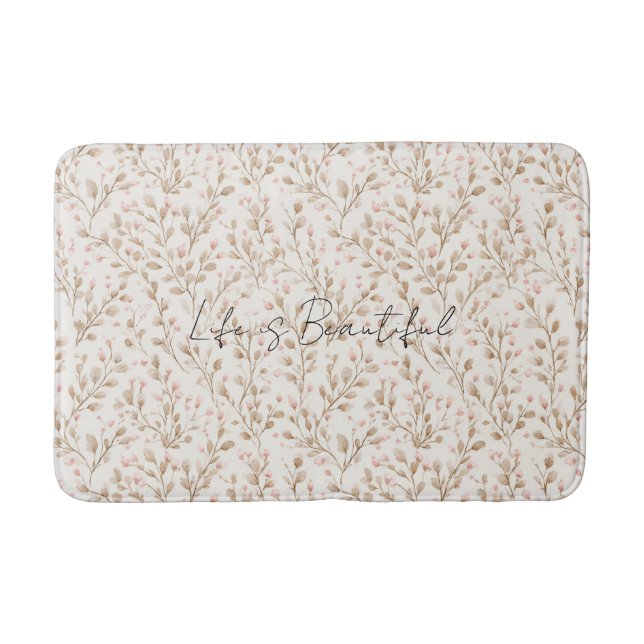Pretty Blush Pink Cream Floral  Bath Mat (Front)