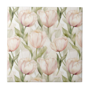 Pretty Blush Pink Cream Tulips Floral  Ceramic Tile