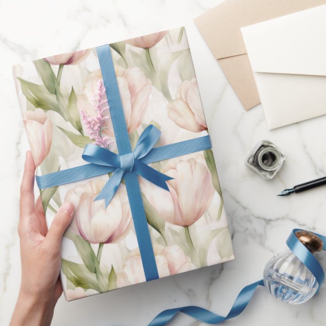 Pretty Blush Pink Cream Tulips Floral Wedding Wrapping Paper (Gifting)