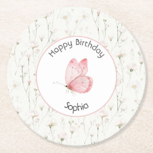 Pretty Blush Pink Floral Butterfly Birthday Round Paper Coaster