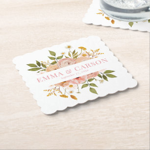 Pretty blush pink floral garden wedding favour paper coaster