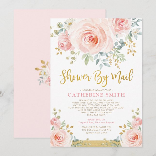Pretty Blush Pink Floral Girl Baby Shower By Mail Invitation (Front/Back)