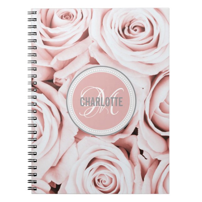 Pretty blush pink floral monogrammed name notebook (Front)