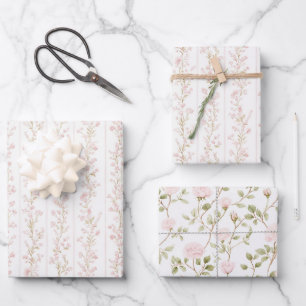 Pretty Blush Pink Floral Stripes Bridal Shower Wrapping Paper Sheet