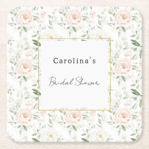 Pretty Blush Pink Floral Wedding Bridal Shower Square Paper Coaster