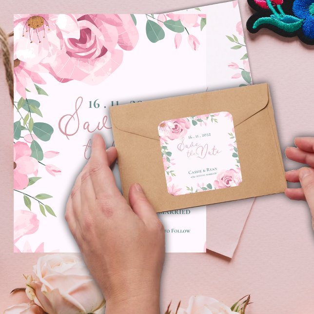 Pretty Blush Pink Floral Wedding Save the date Square Sticker (Pretty Blush Pink Floral Wedding Save the date Square Sticker)