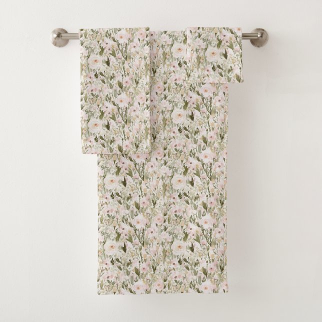 Pretty Blush Pink Flowers Bath Towel Set (Insitu)