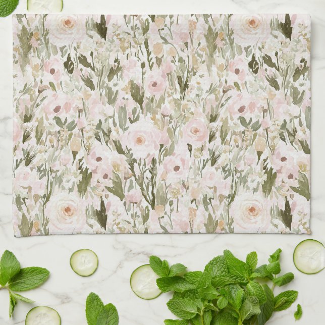 Pretty Blush Pink Flowers Tea Towel (Folded)