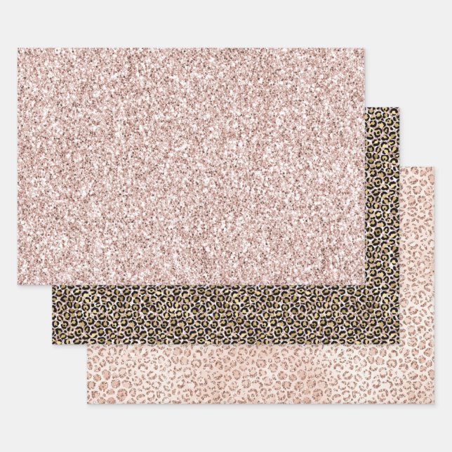 Pretty Blush Pink Glitter Gold Leopard      Wrapping Paper Sheet (Set)