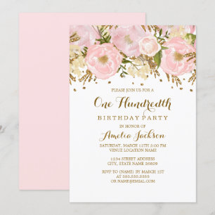 Pretty Blush Pink Gold Floral 100th Birthday Invitation