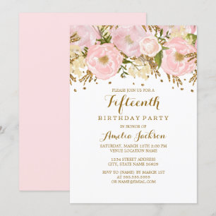 Pretty Blush Pink Gold Floral 15th Birthday Invitation