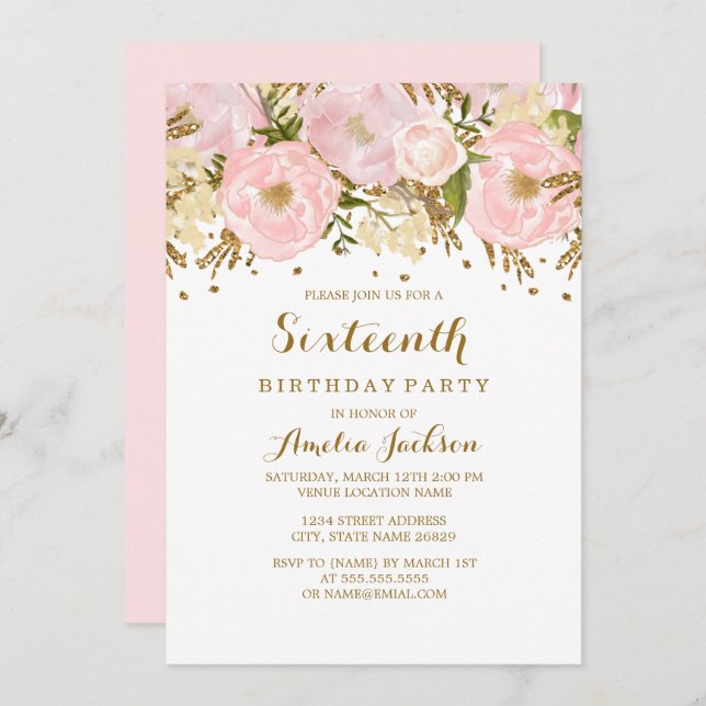 Pretty Blush Pink Gold Floral 16th Birthday Invitation (Front/Back)