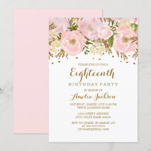 Pretty Blush Pink Gold Floral 18th Birthday Invitation