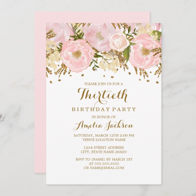 Pretty Blush Pink Gold Floral 30th Birthday Invitation (Front/Back)
