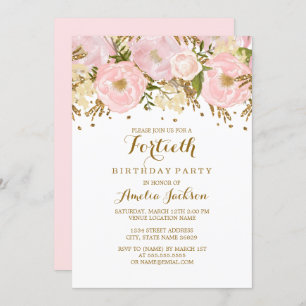 Pretty Blush Pink Gold Floral 40th Birthday Invitation