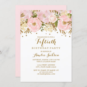 Pretty Blush Pink Gold Floral 50th Birthday Invitation