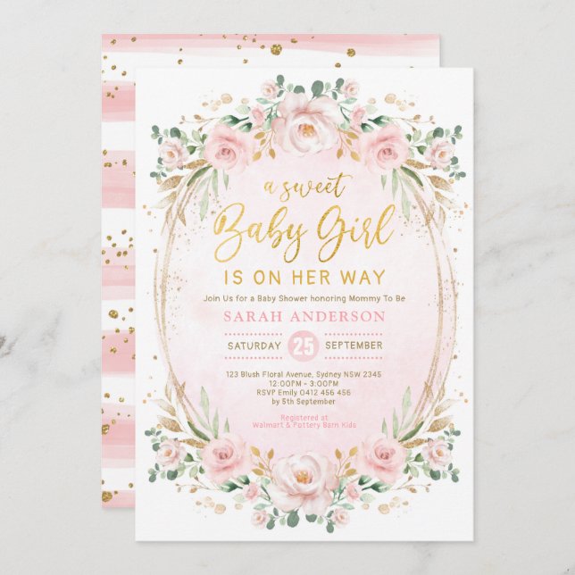 Pretty Blush Pink Gold Floral Baby Girl Shower Invitation (Front/Back)