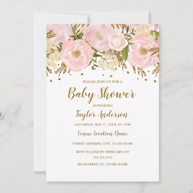 Pretty Blush Pink Gold Floral Baby Shower Invitation (Front)