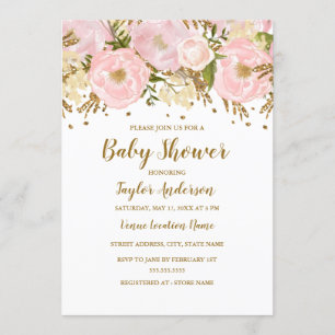 Pretty Blush Pink Gold Floral Baby Shower Invitation