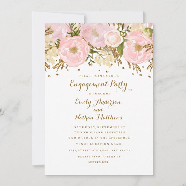 Pretty Blush Pink Gold Floral Engagement Party Invitation (Front)