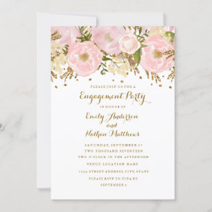 Pretty Blush Pink Gold Floral Engagement Party Invitation