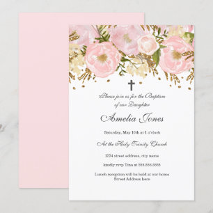 Pretty Blush Pink Gold Floral Girl Baptism Invitation
