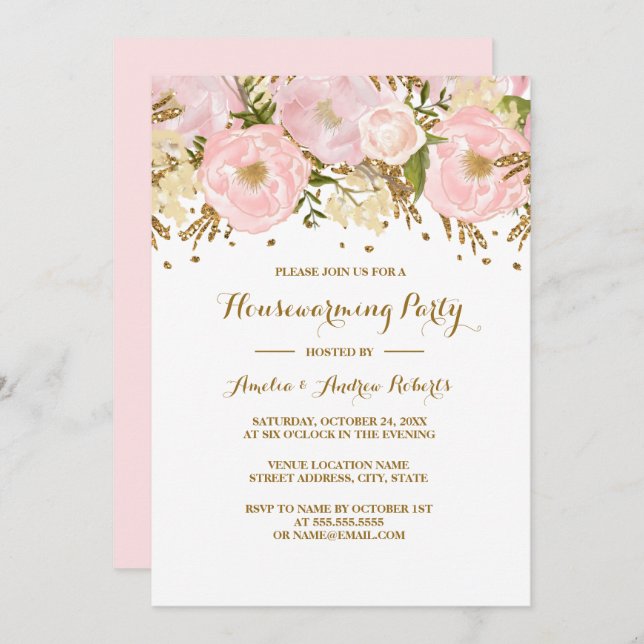 Pretty Blush Pink Gold Floral Housewarming Party Invitation (Front/Back)