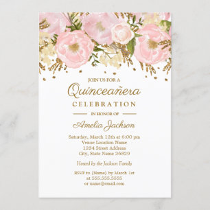 Pretty Blush Pink Gold Floral Quinceanera Invitation