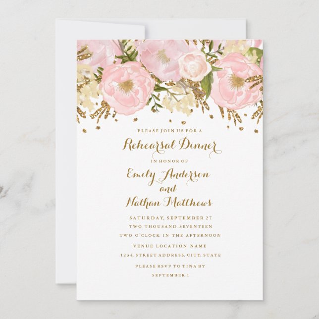 Pretty Blush Pink Gold Floral Rehearsal Dinner Invitation (Front)