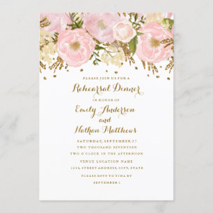 Pretty Blush Pink Gold Floral Rehearsal Dinner Invitation