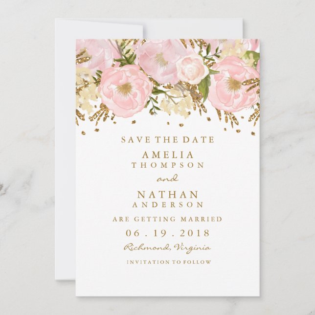 Pretty Blush Pink Gold Floral Save The Date (Front)