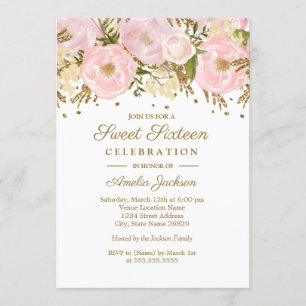 Pretty Blush Pink Gold Floral Sweet Sixteen Invitation