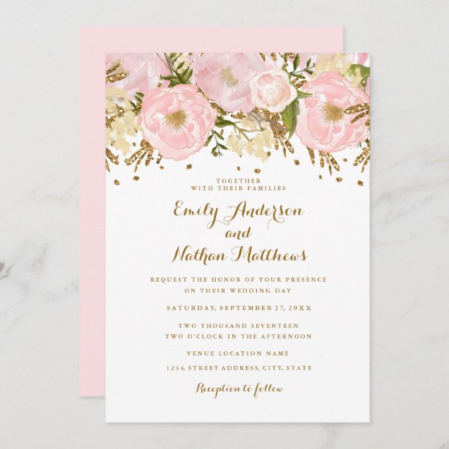 Pretty Blush Pink Gold Floral Wedding Invitation (Front/Back)