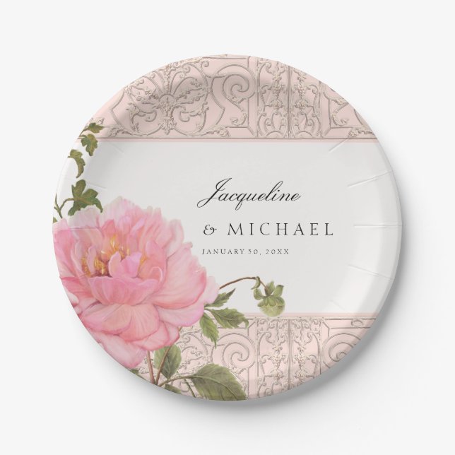 Pretty Blush Pink Grey Peony Swirl Scroll Wedding Paper Plate (Front)
