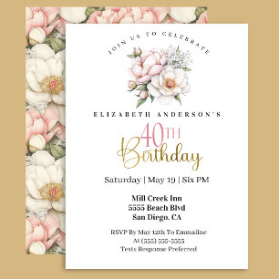 Pretty Blush Pink Peony Floral 40th Birthday Invitation